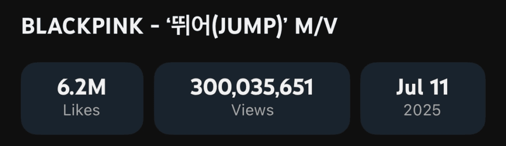 أغنية "JUMP" لفرقة BLACKPINK تصبح الفيديو الموسيقي الثالث عشر الذي يصل إلى 300 مليون مشاهدة أغنية "JUMP" لفرقة BLACKPINK تصبح الفيديو الموسيقي الثالث عشر الذي يصل إلى 300 مليون مشاهدة
