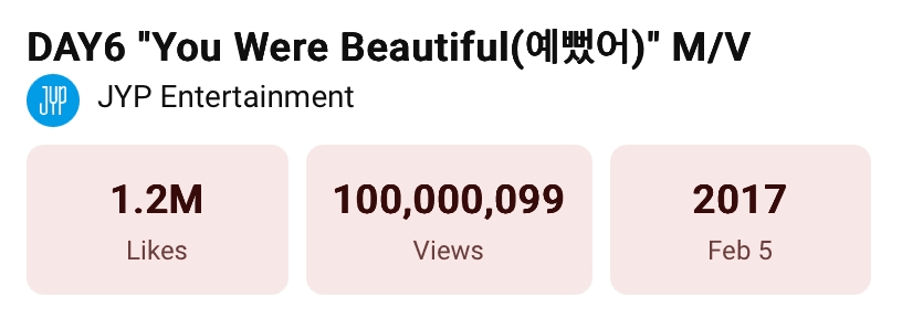 يُعدّ فيديو كليب أغنية "You Were Beautiful" لفرقة DAY6، والذي يضمّ تشوي وو شيك وجانغ هوي ريونغ، أول فيديو كليب لهم يحقق 100 مليون مشاهدة يُعدّ فيديو كليب أغنية "You Were Beautiful" لفرقة DAY6، والذي يضمّ تشوي وو شيك وجانغ هوي ريونغ، أول فيديو كليب لهم يحقق 100 مليون مشاهدة