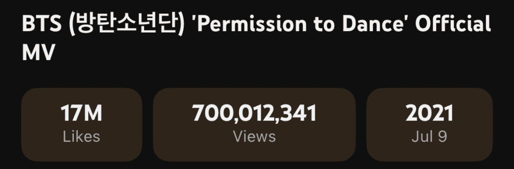 أغنية "Permission To Dance" لفرقة BTS تصبح الفيديو الموسيقي الثاني عشر للفرقة الذي يصل إلى 700 مليون مشاهدة