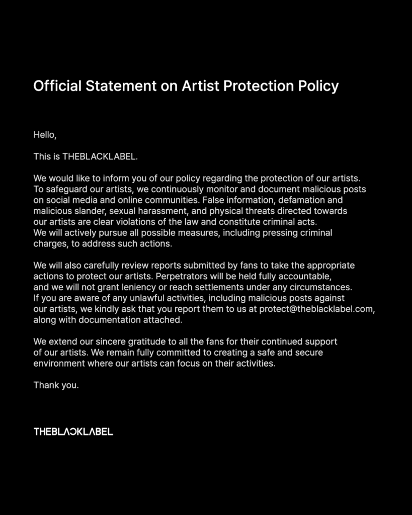 أعلنت شركة THEBLACKLABEL عن اتخاذ إجراءات قانونية بسبب منشورات مسيئة ضد الفنانين