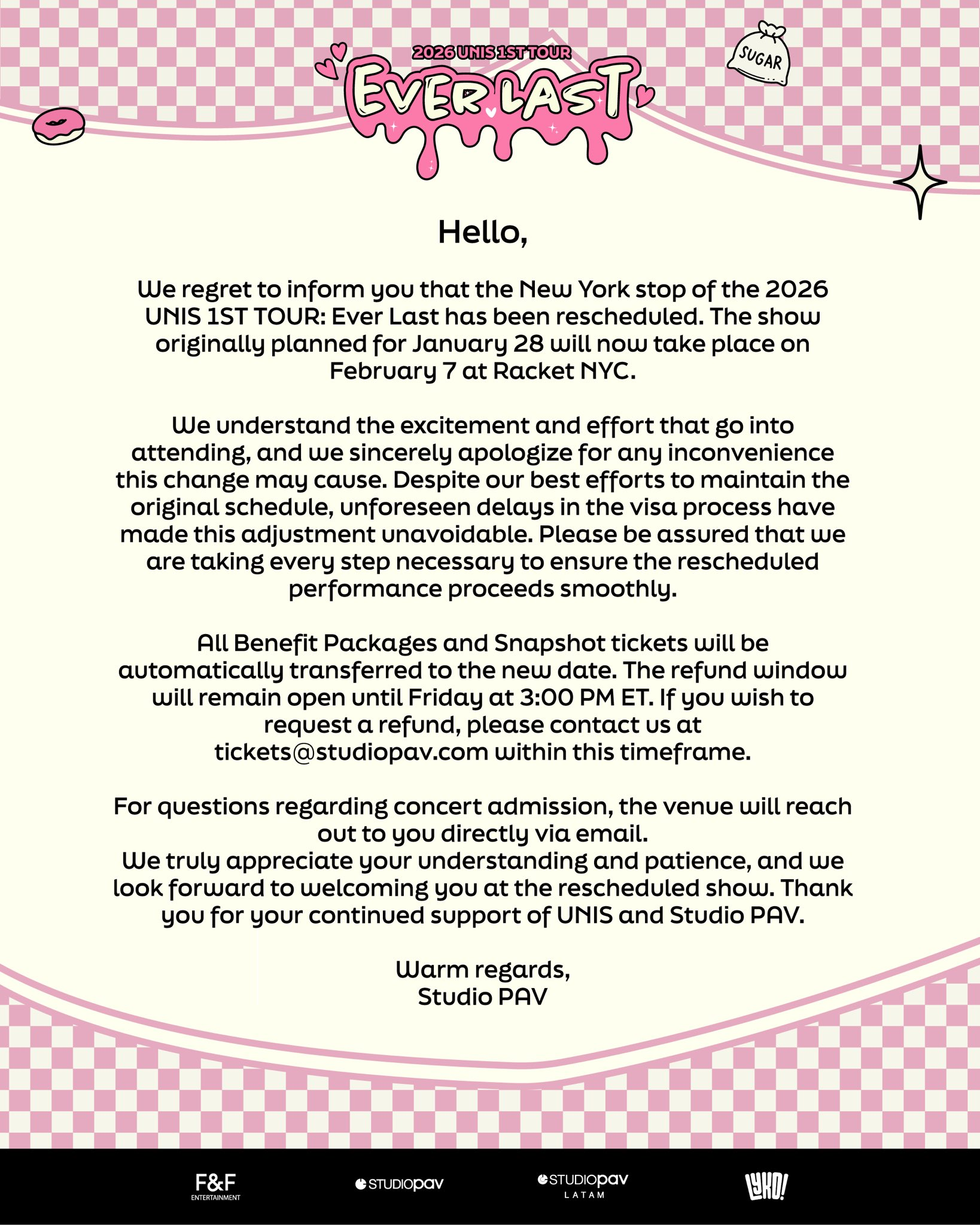 أعلنت فرقة UNIS تأجيل حفلها الموسيقي في نيويورك