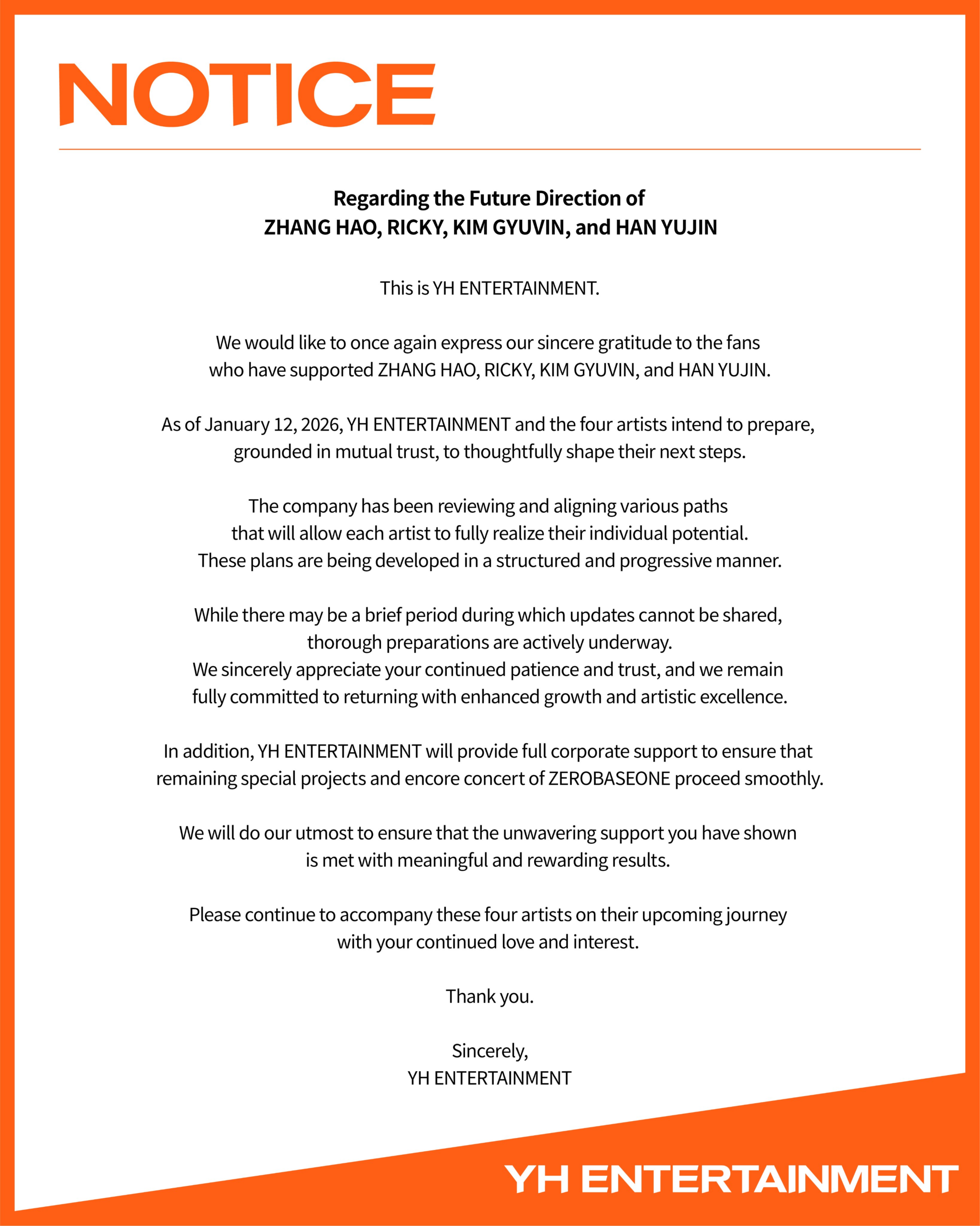 أصدرت وكالة كل من تشانغ هاو و ريكي و كيم غيو فين و هان يو جين أعضاء فرقة ZEROBASEONE بياناً حول خططهم المستقبلية