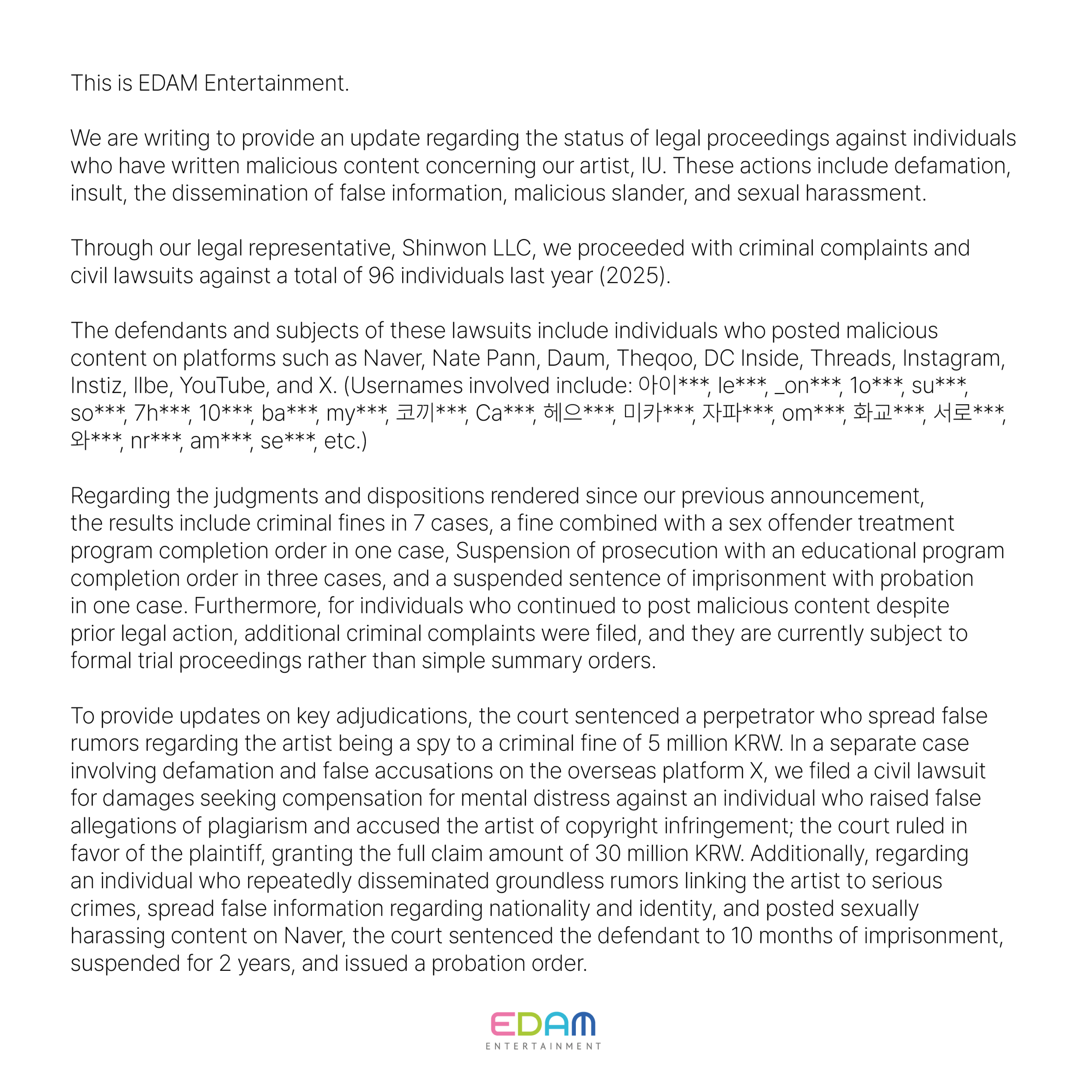 وكالة IU تنشر آخر المستجدات بشأن الإجراءات القانونية المتخذة ضد المنشورات المسيئة وانتهاك الخصوصية وكالة IU تنشر آخر المستجدات بشأن الإجراءات القانونية المتخذة ضد المنشورات المسيئة وانتهاك الخصوصية