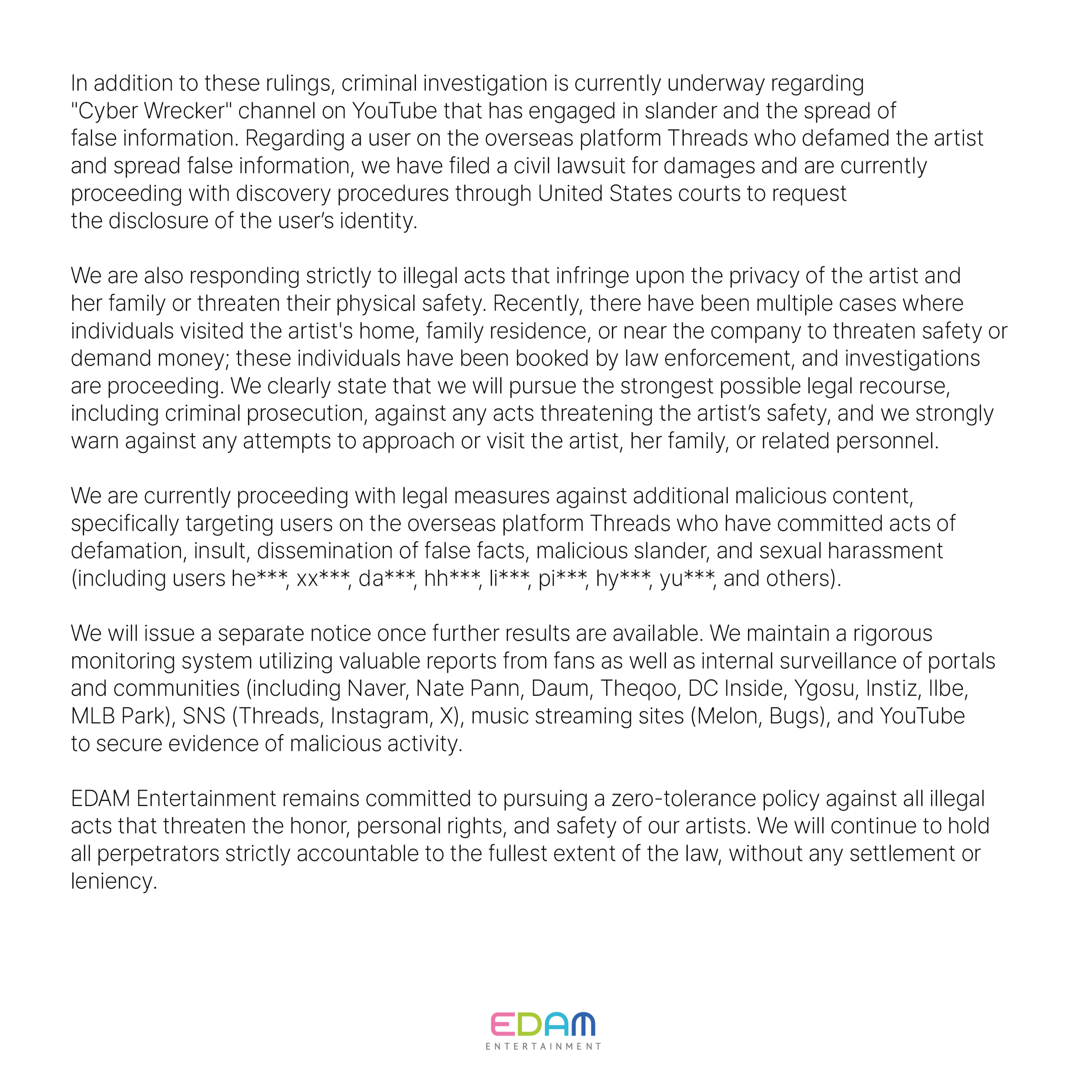 وكالة IU تنشر آخر المستجدات بشأن الإجراءات القانونية المتخذة ضد المنشورات المسيئة وانتهاك الخصوصية وكالة IU تنشر آخر المستجدات بشأن الإجراءات القانونية المتخذة ضد المنشورات المسيئة وانتهاك الخصوصية